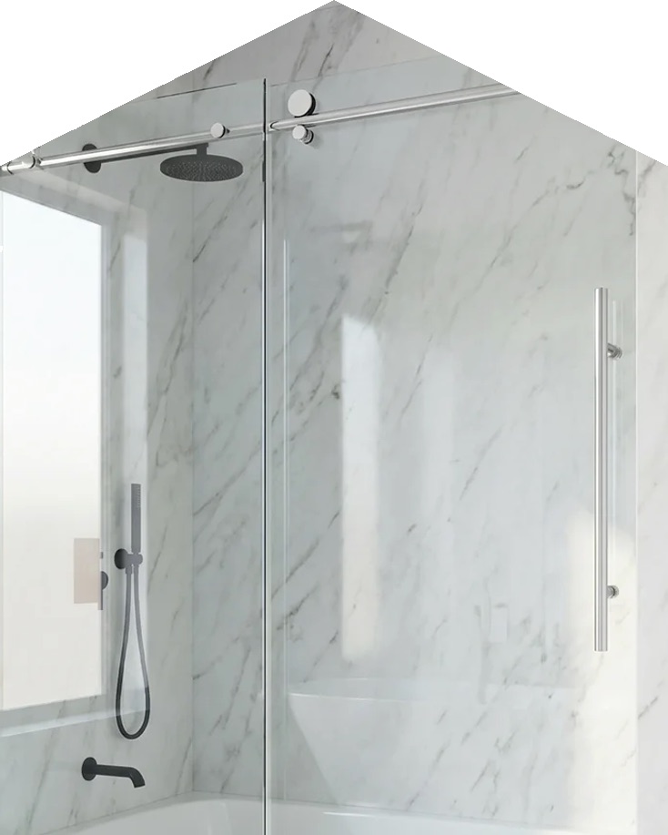 Large-format white marble walls with a frameless glass shower and matte black fixtures