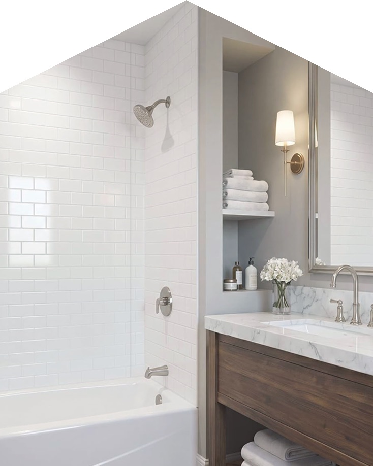 Clean white tile shower and tub beside a wooden vanity with a marble top